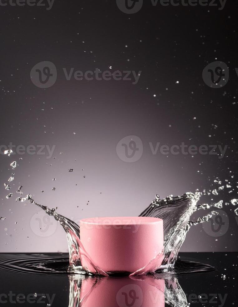 empty pink podium mockup with water splash on a black gradient background for product display photo