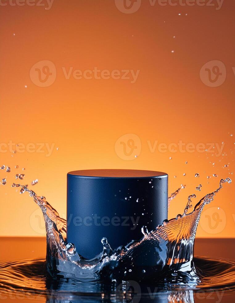 empty blue podium mockup with water splash on a gradient background for product display photo
