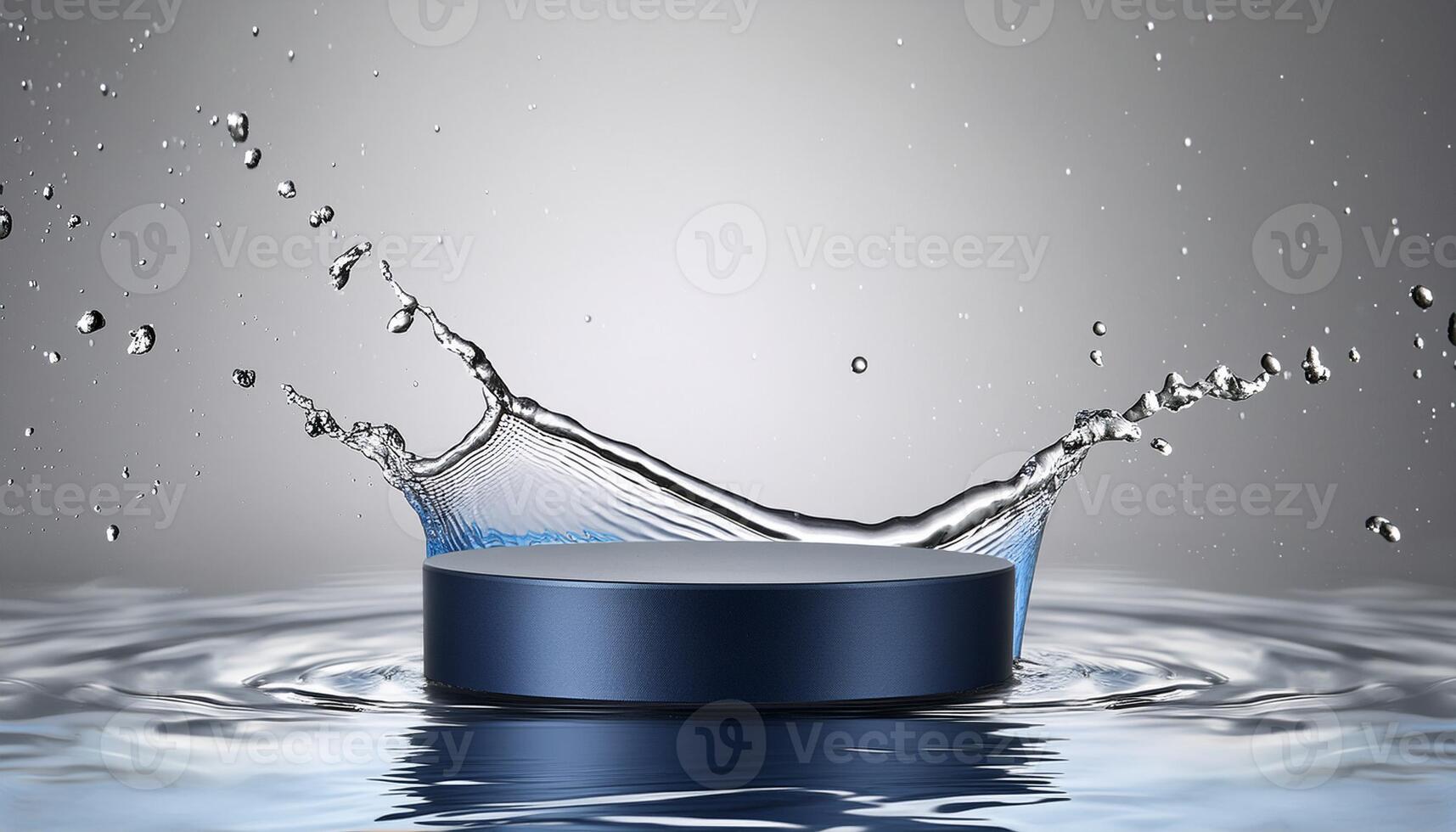empty blue podium mockup with water splash on a gradient background for product display photo