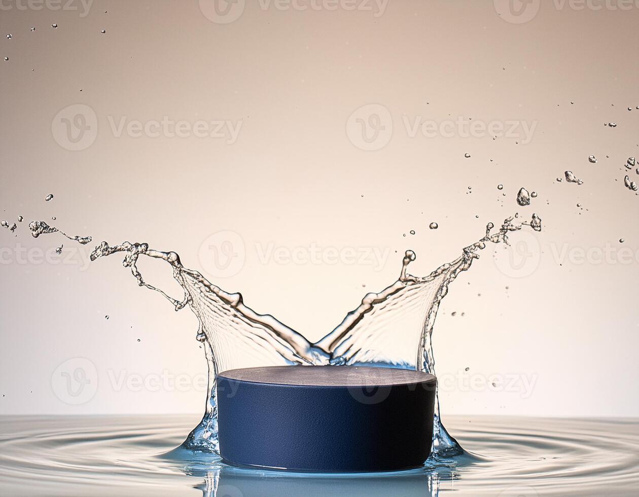 empty blue podium mockup with water splash on a gradient background for product display photo