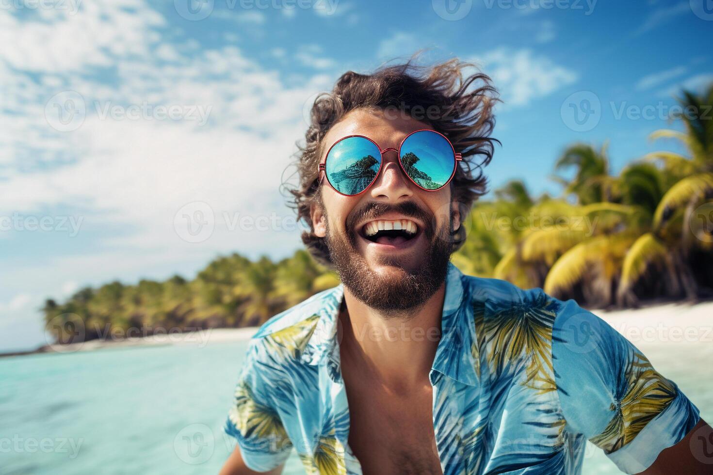 cheerful man on tropical island enjoying summer holidays exotic vacation photo