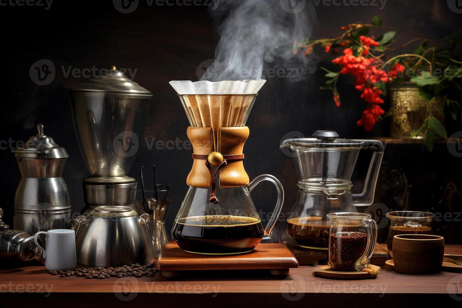 Coffee making equipment and tools at home kitchens to brew hot coffee that drips into cups photo