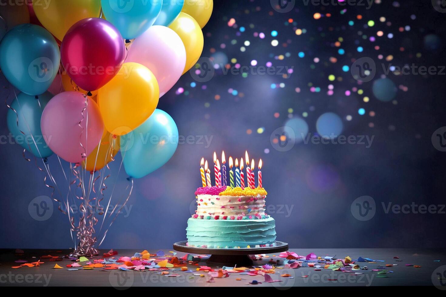 Birthday cake with candles, garlands and balloons photo