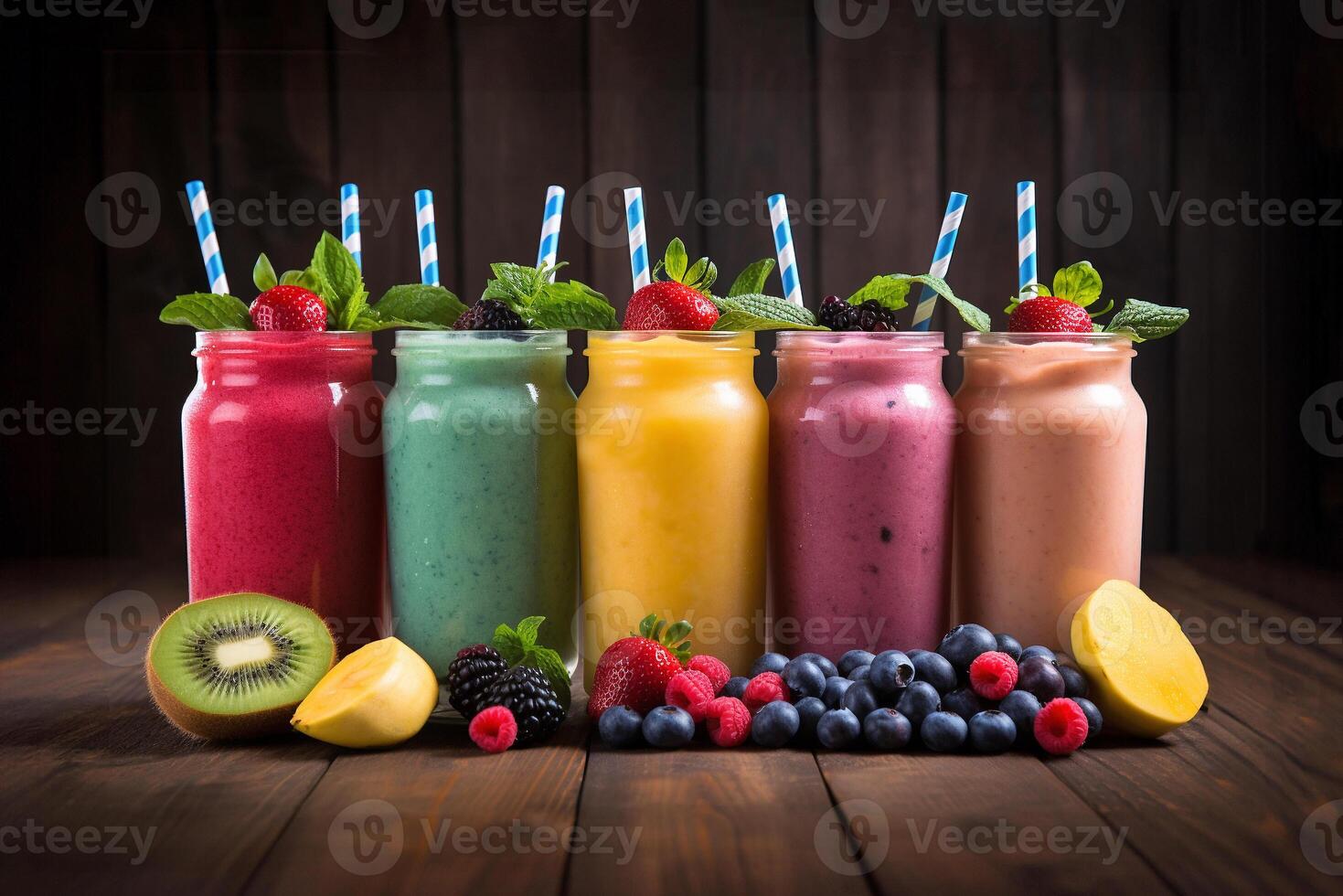 Fresh fruit mixed smoothies with mango, blueberry, kiwi, strawberry, orange photo