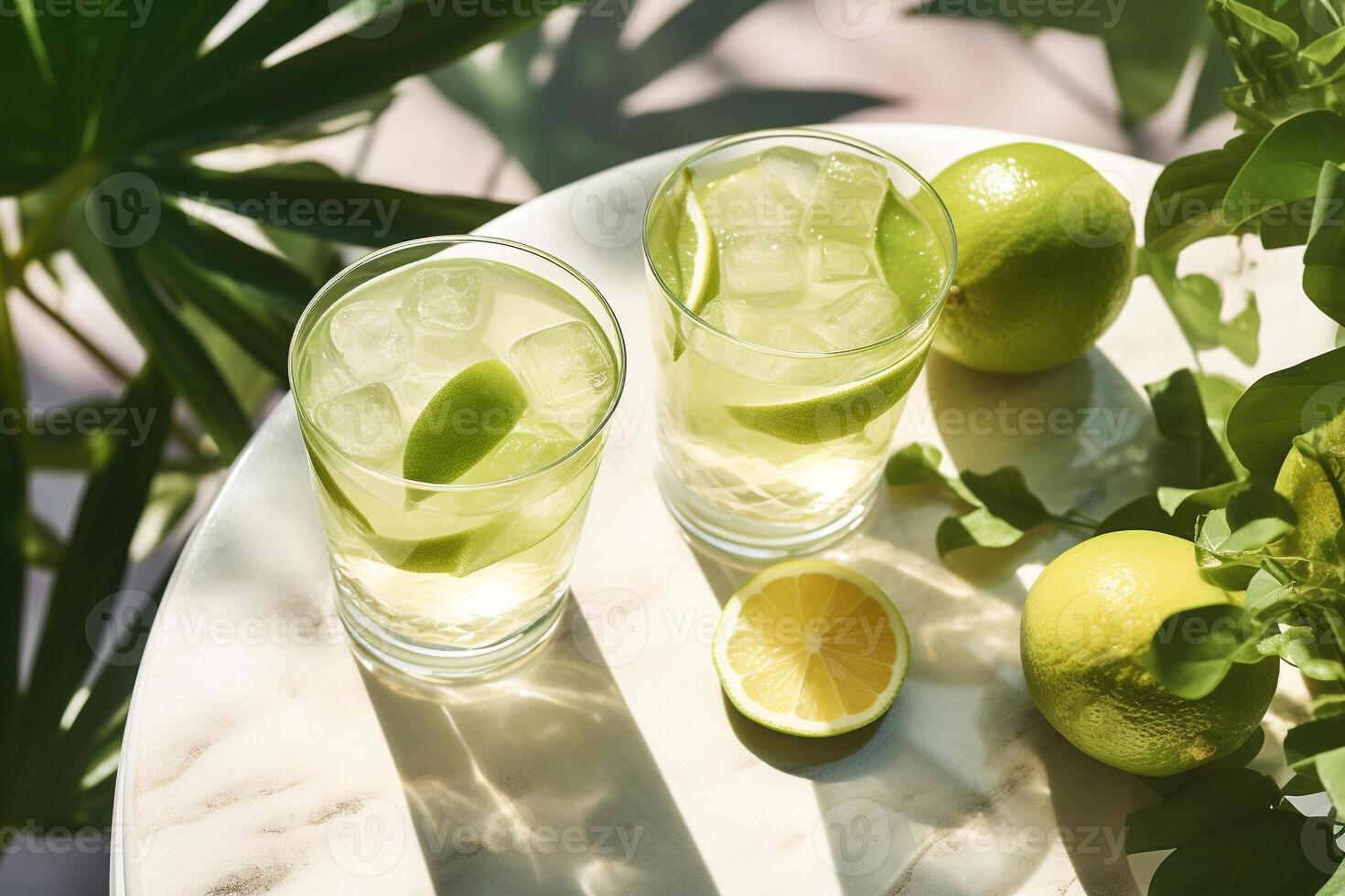 Fresh drinks with lime slices on glass at patio photo