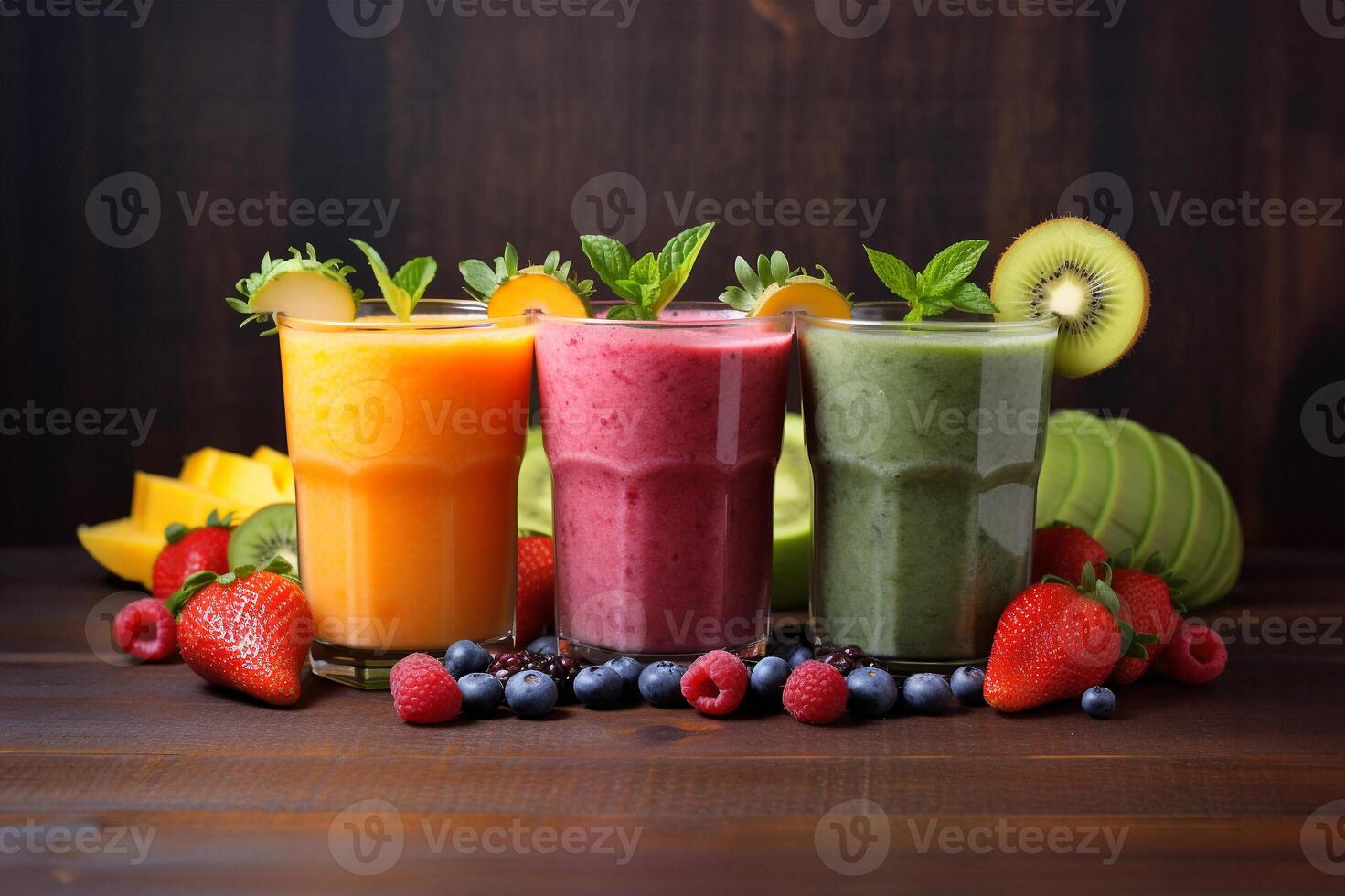 Fresh fruit mixed smoothies with mango, blueberry, kiwi, strawberry, orange photo