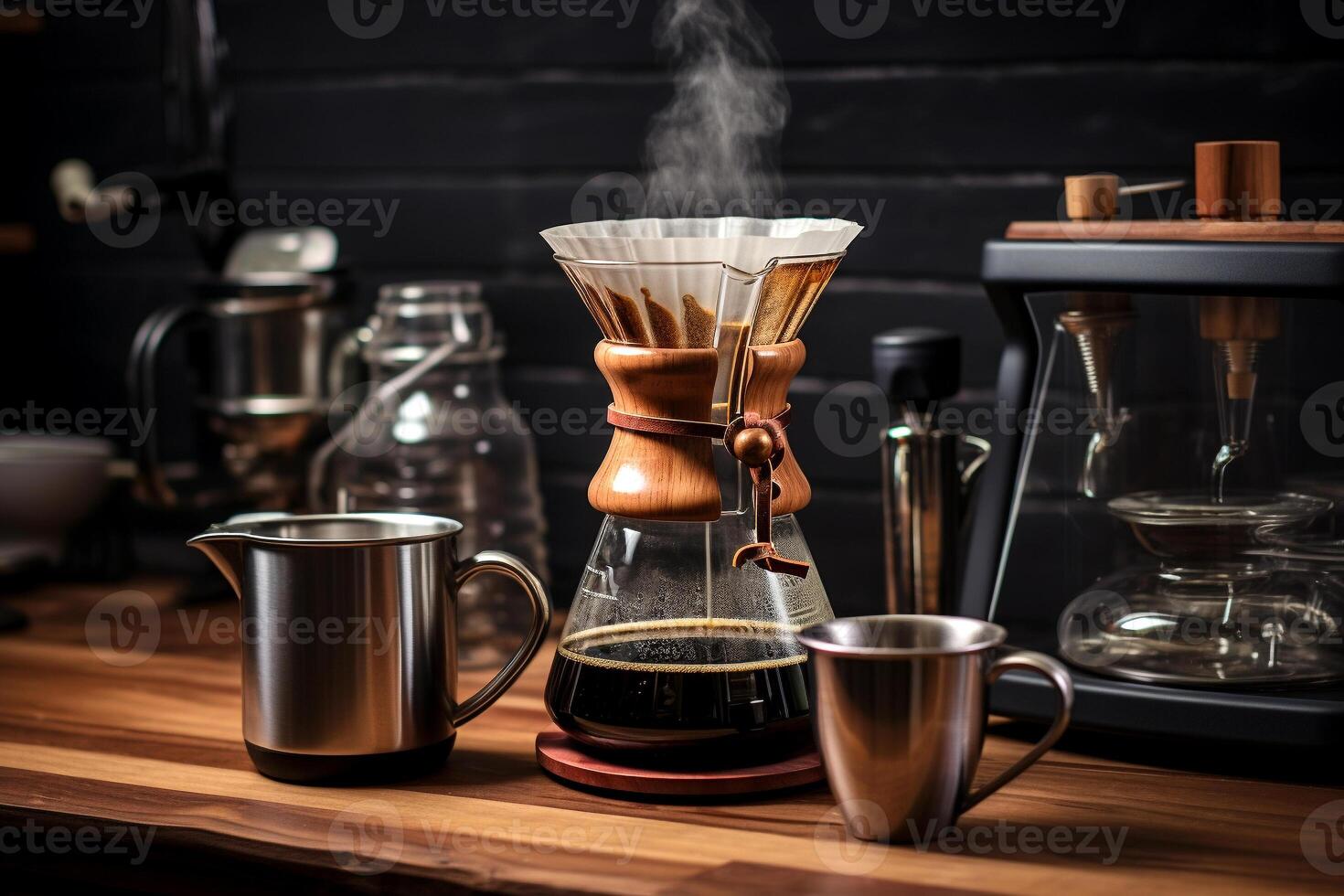 Coffee making equipment and tools at home kitchens to brew hot coffee that drips into cups photo