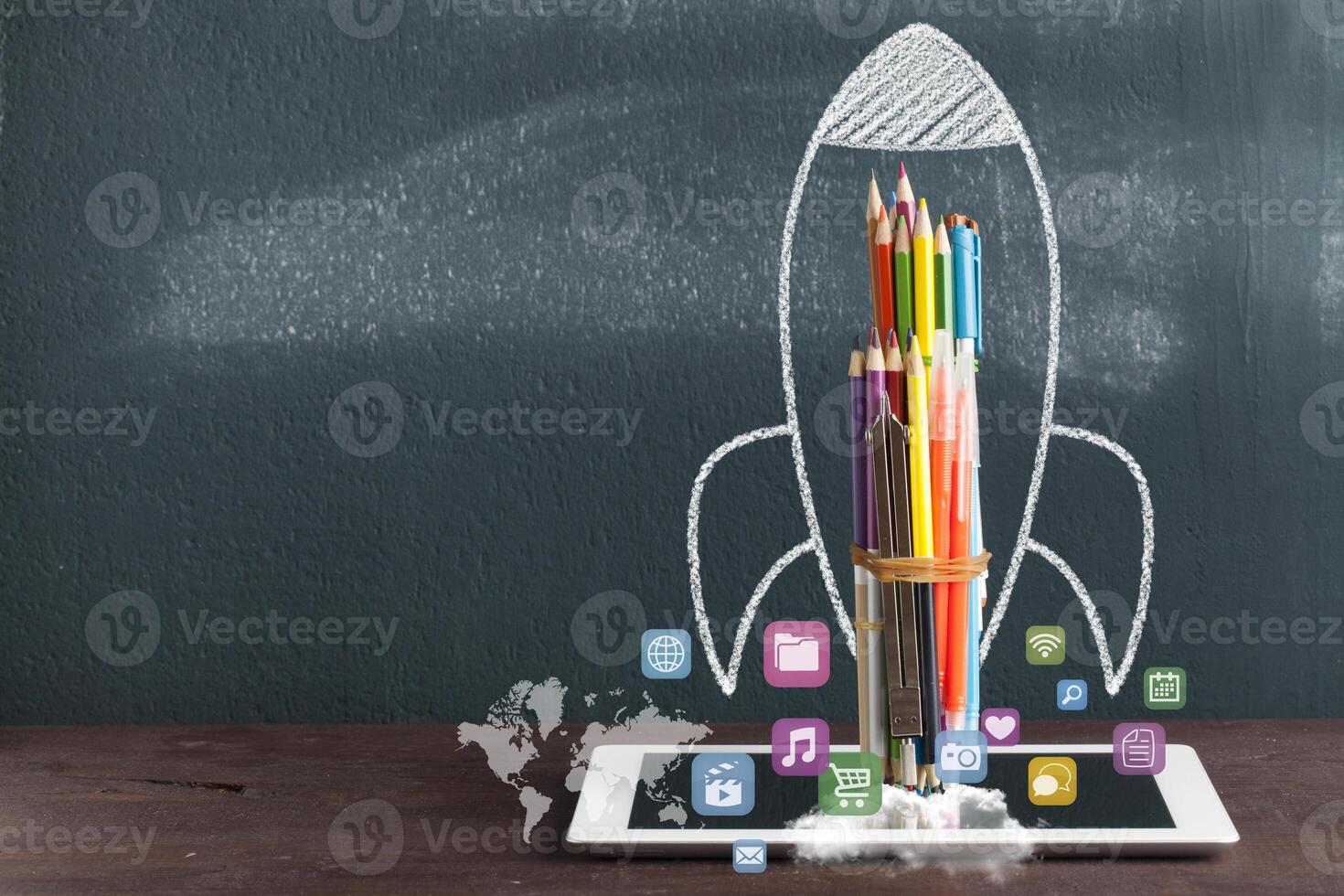 Rocket Sketch On Blackboard photo