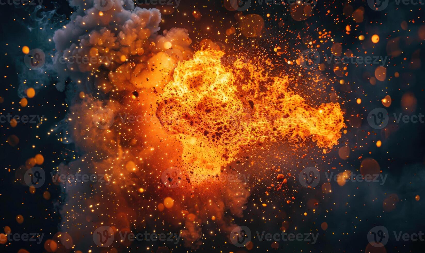 Macro shot of a controlled explosion, capturing the intricate details of flames and sparks against a black backdrop photo
