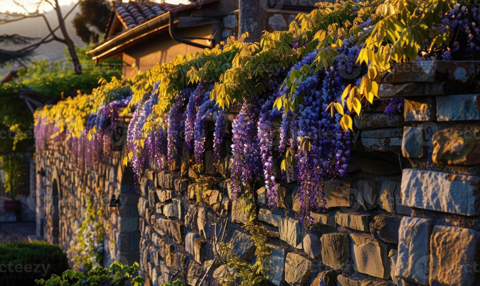 Stone wall draped with wisteria photo