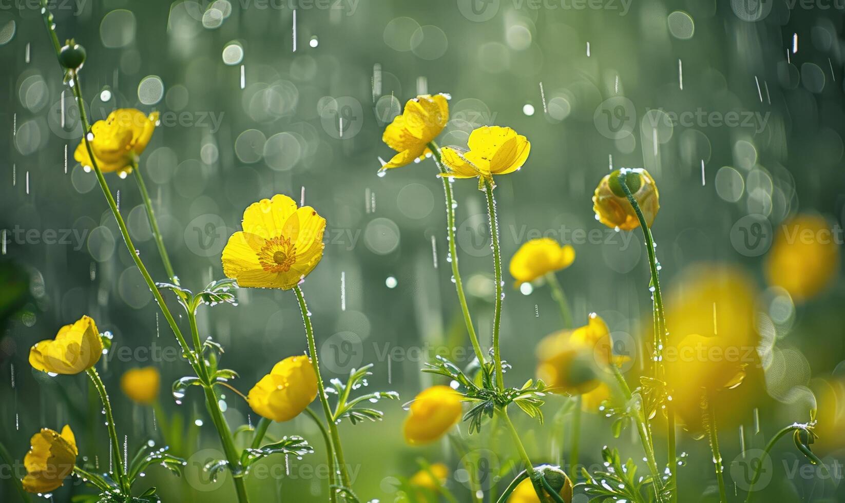 Buttercups under the rain closeup photo