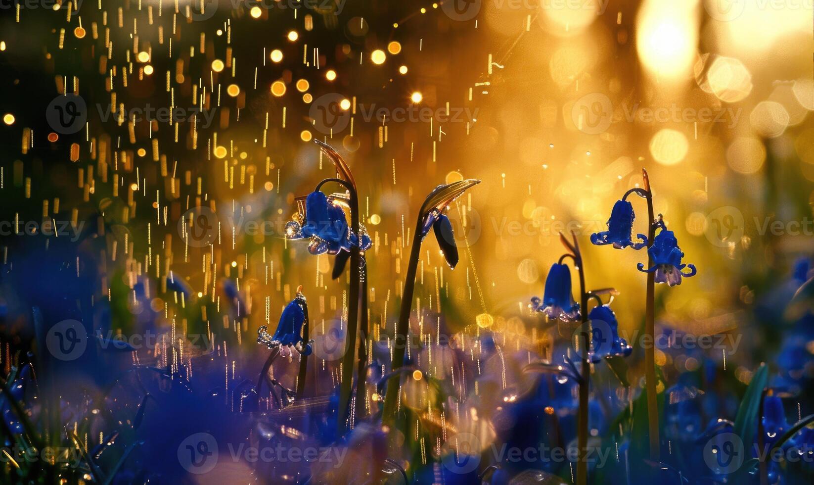 Bluebells under the rain with bokeh light photo