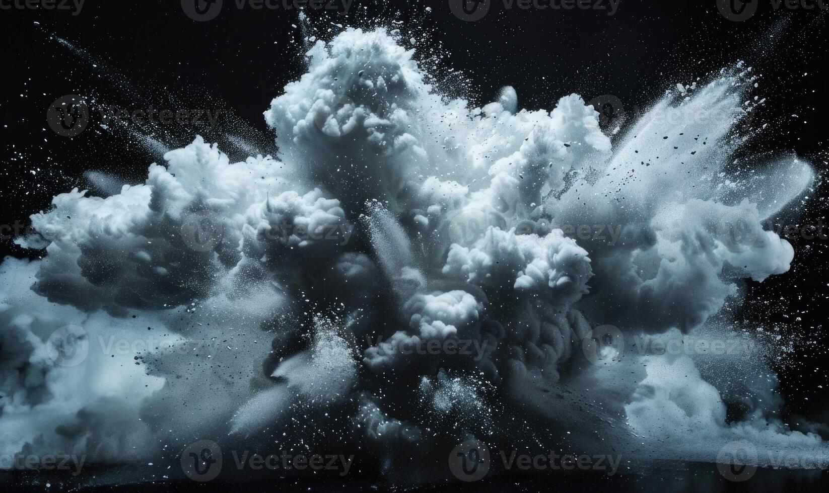 Powder explosion creating a white cloud on black background photo