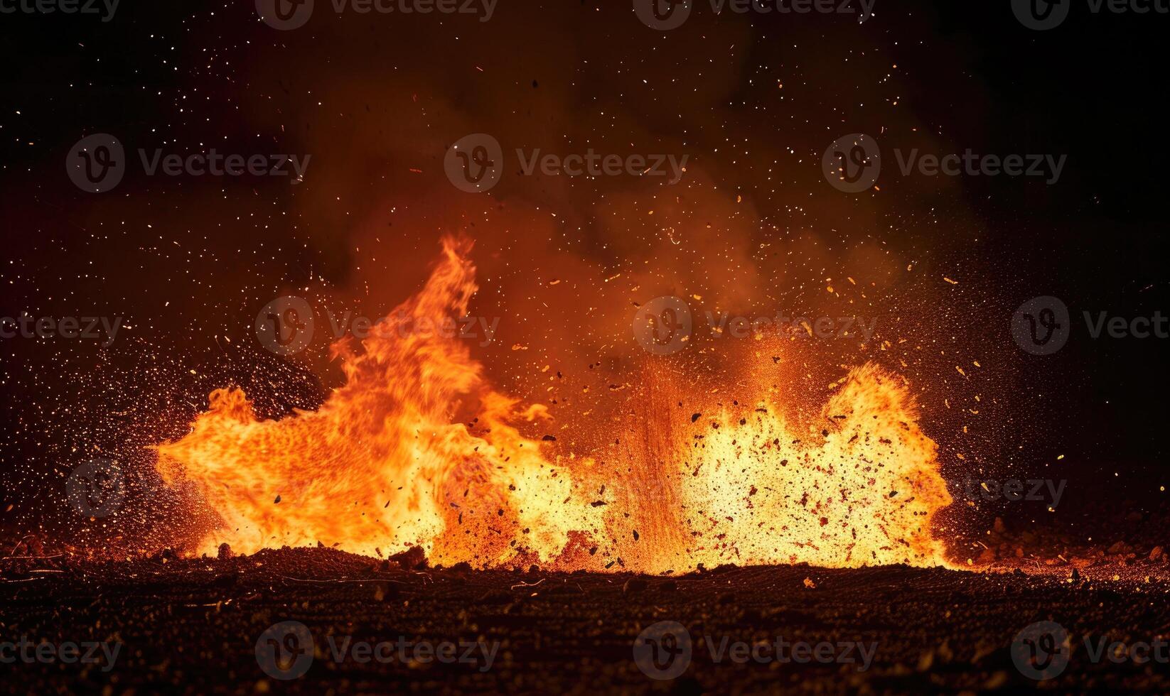 Close-up photograph of a controlled explosion, with flames igniting against a dark backdrop photo