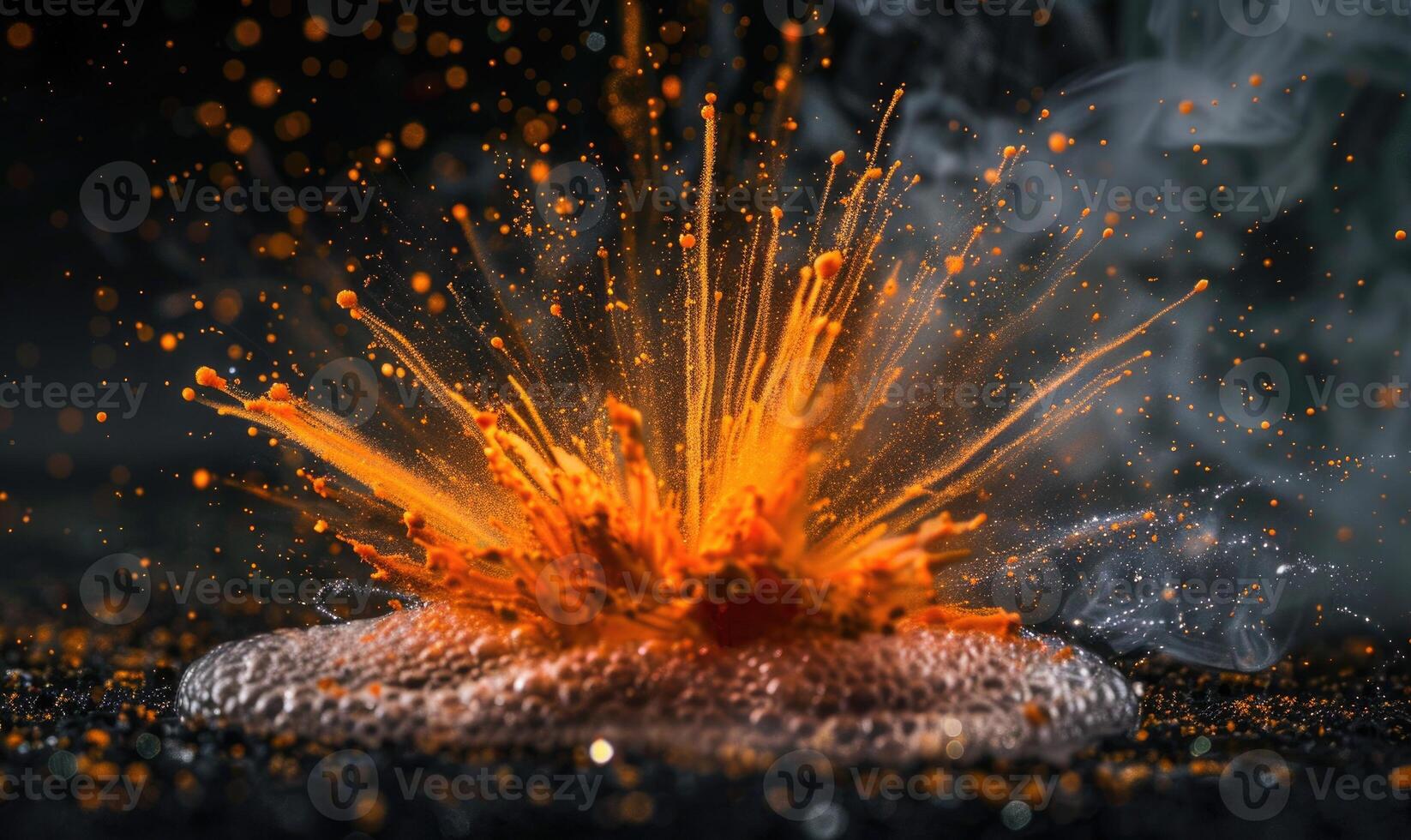 Macro photograph capturing the intricate details of flames and sparks in an explosion against a black backdrop photo
