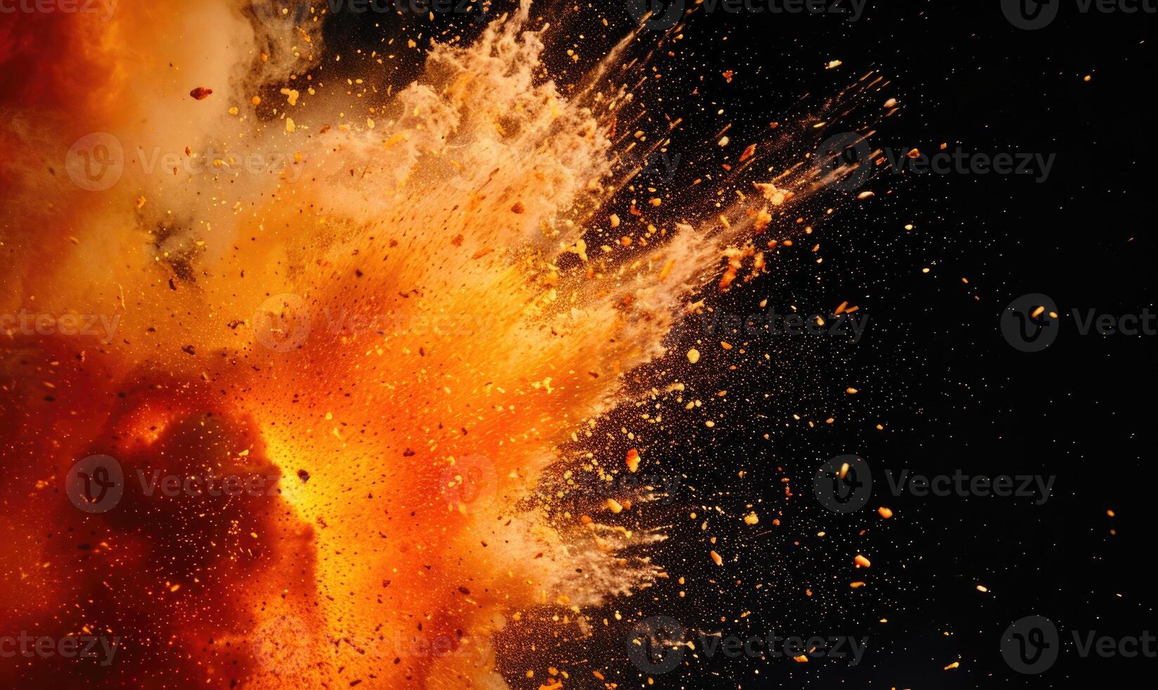 Extreme close-up of a controlled explosion, showcasing the intricate details of flames and sparks against a dark backdrop photo