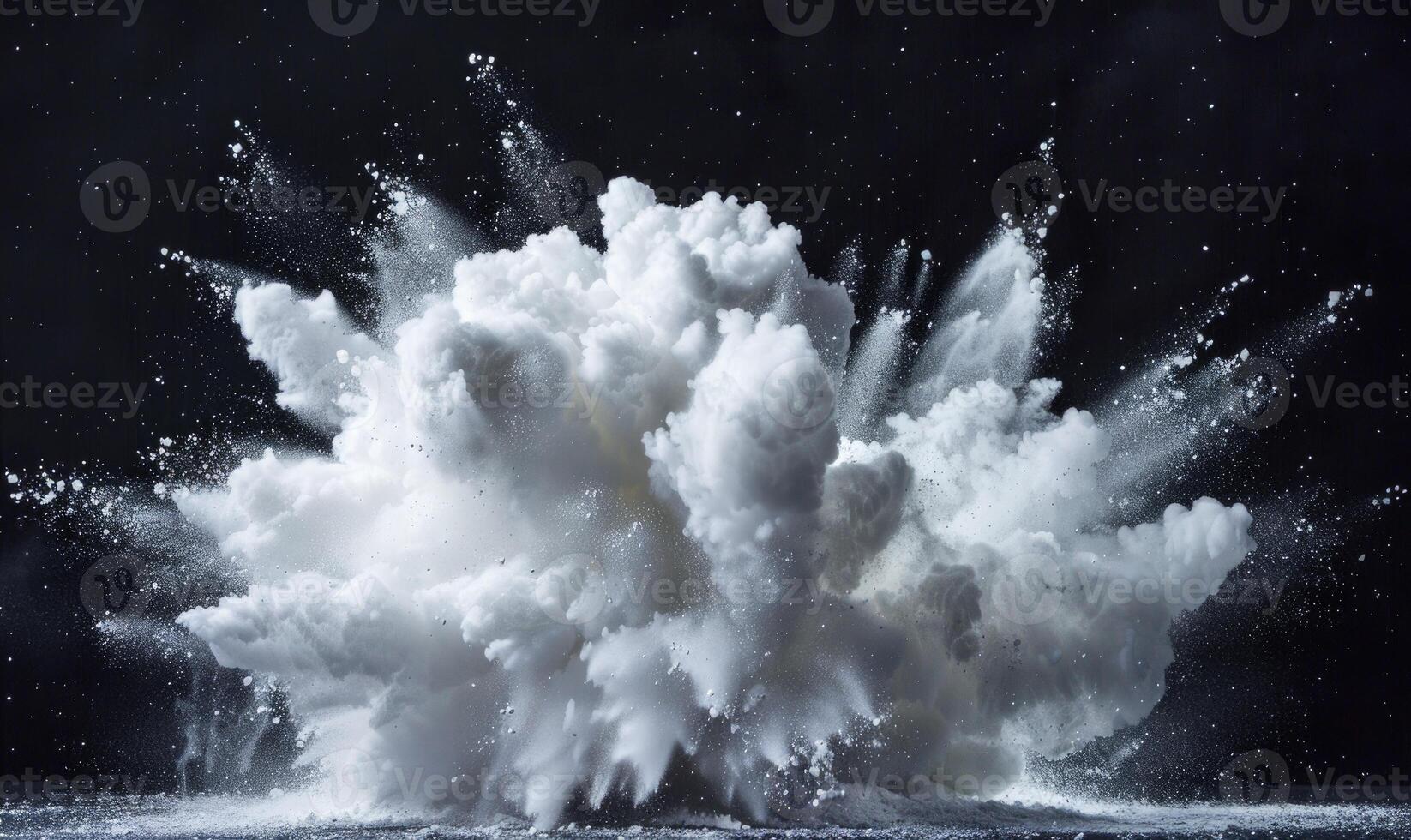 polvo explosión creando un blanco nube en negro antecedentes foto