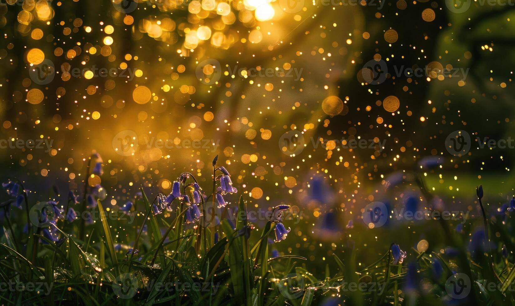Bluebells under the rain with bokeh light photo