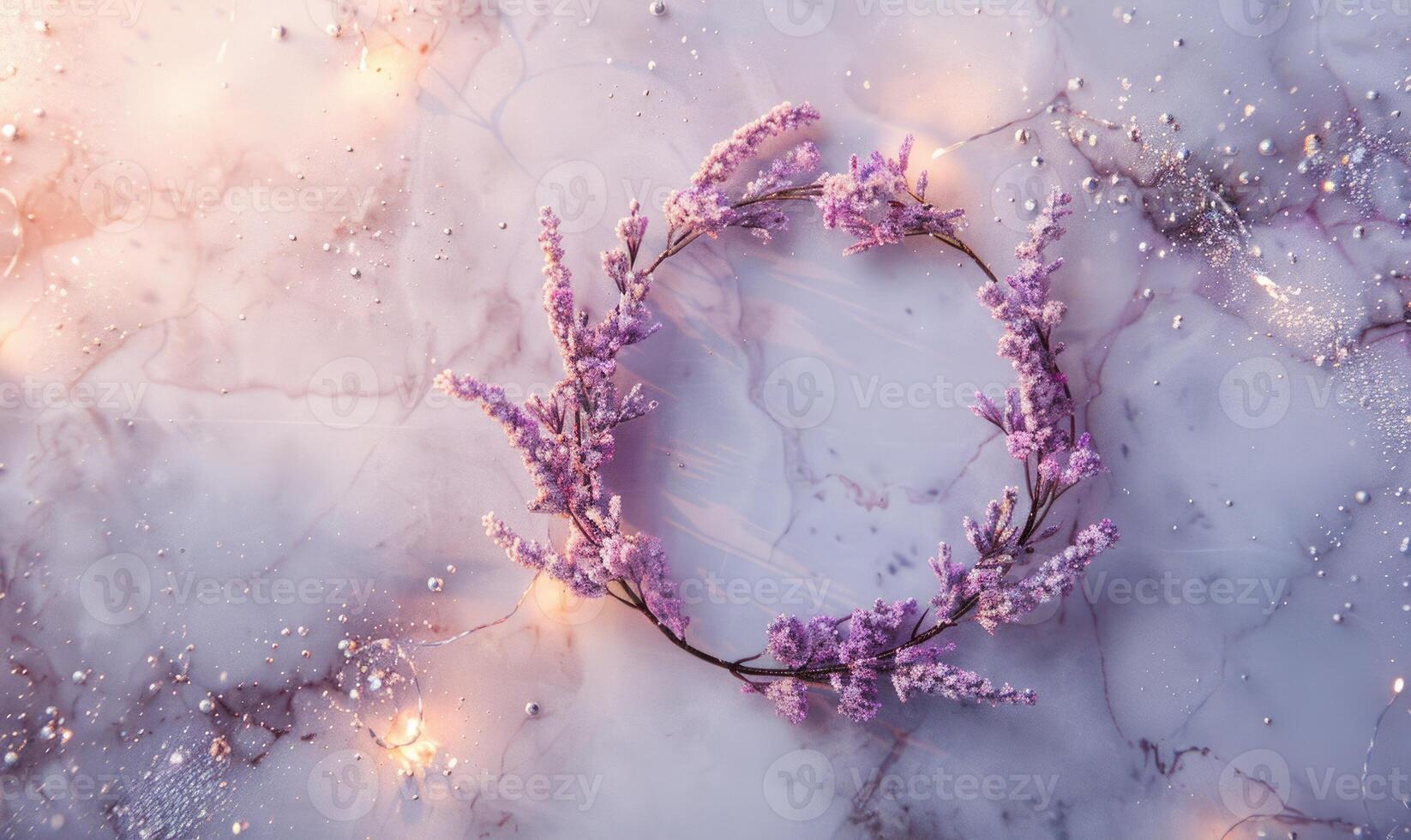 Delicate lavender flower wreath on marble background photo