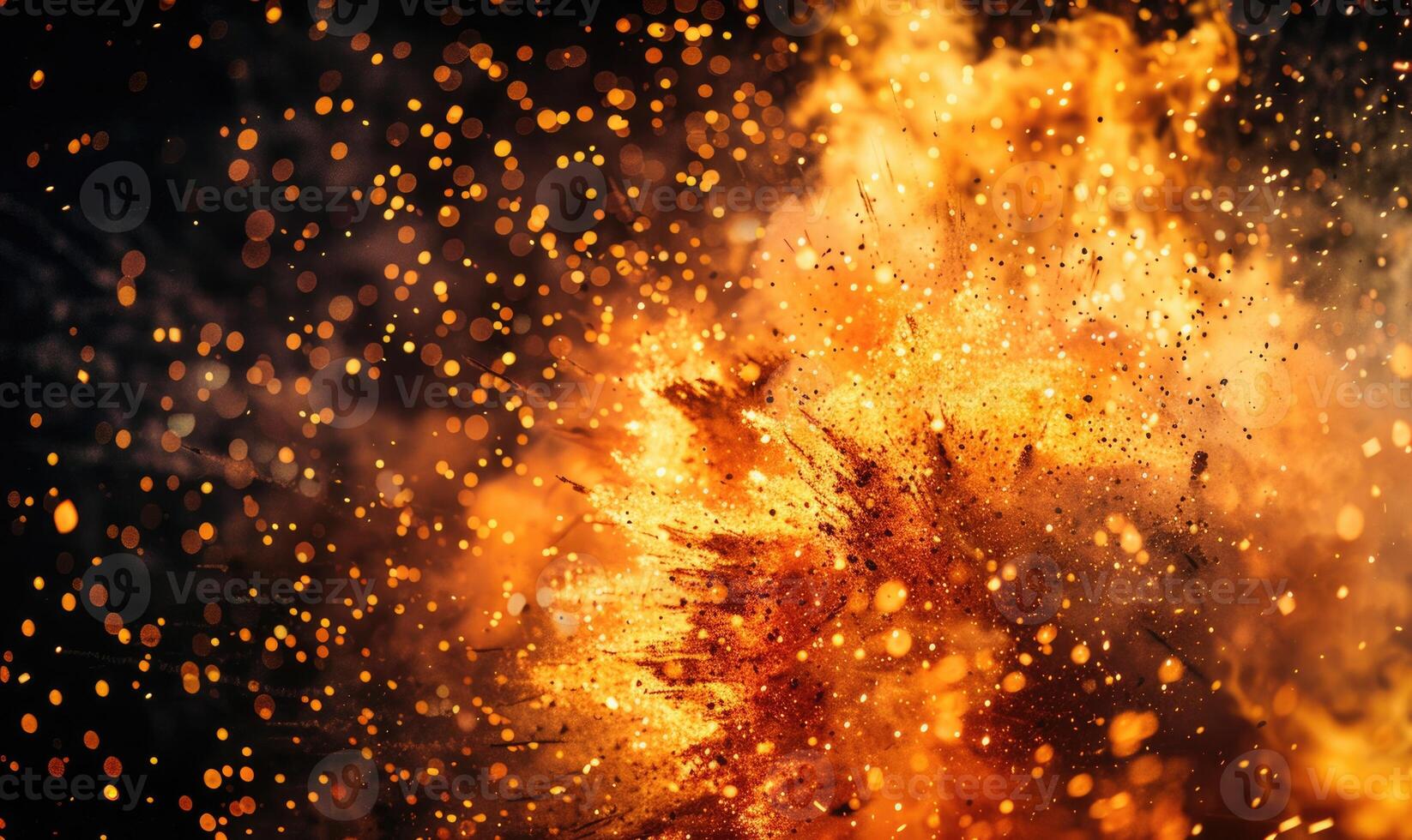 Extreme close-up of a controlled explosion, showcasing the intricate details of flames and sparks against a dark backdrop photo
