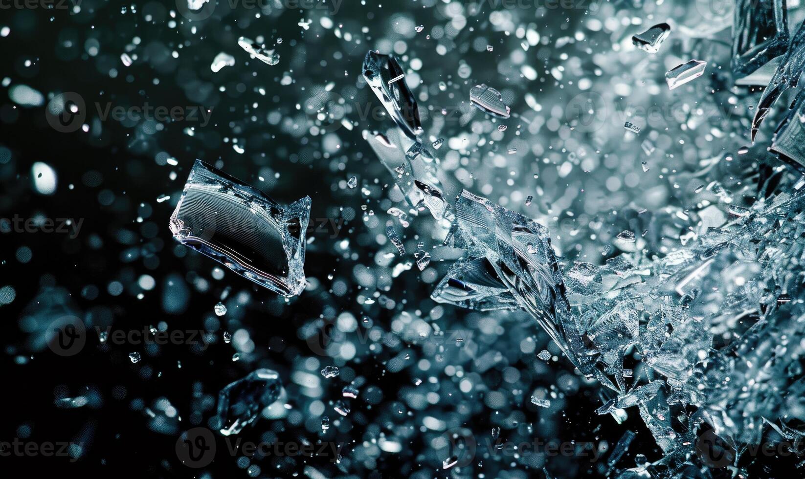 Shattered glass in high speed, glass fragments flying on black background photo
