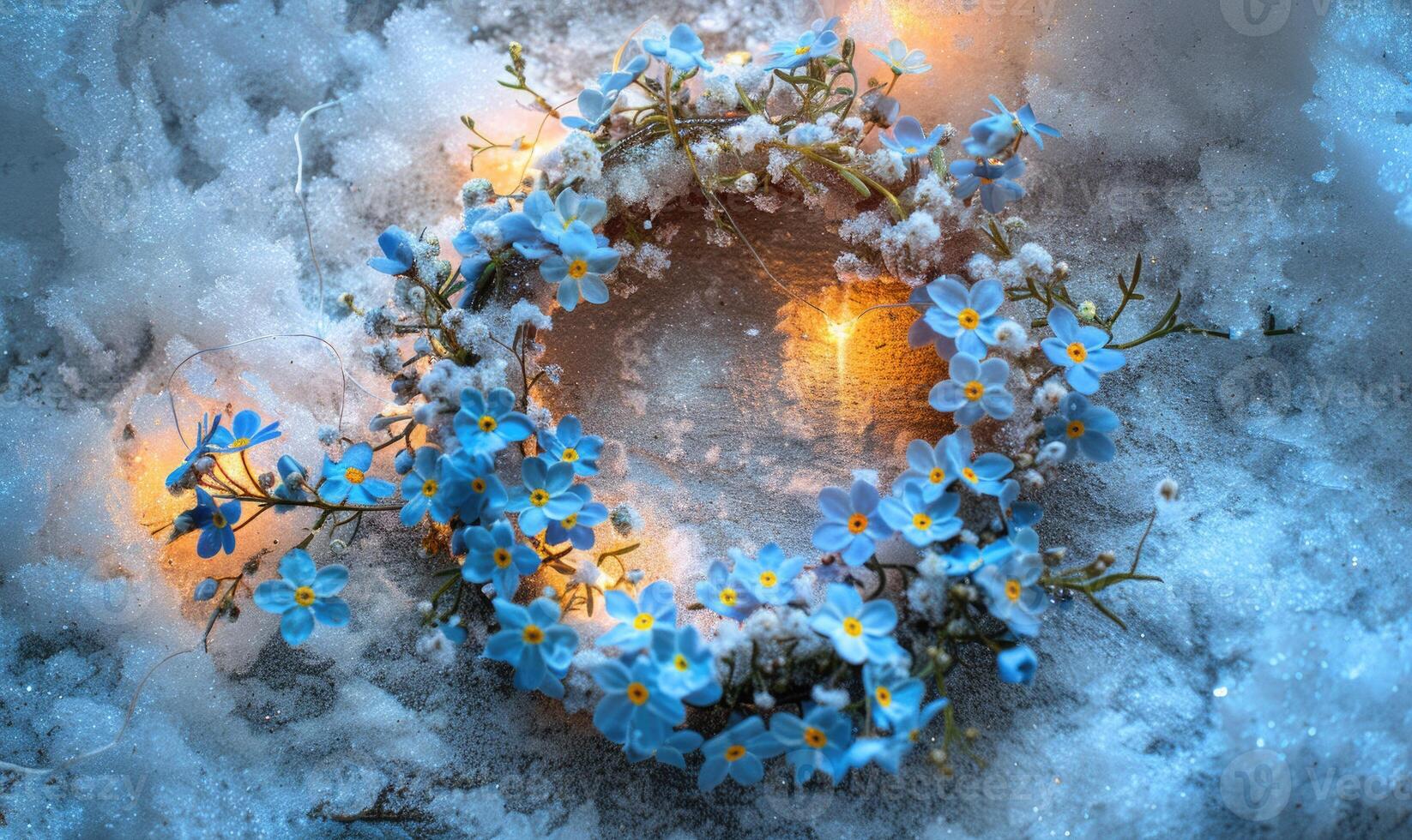 Soft blue forget-me-not wreath in the snow on gray background photo