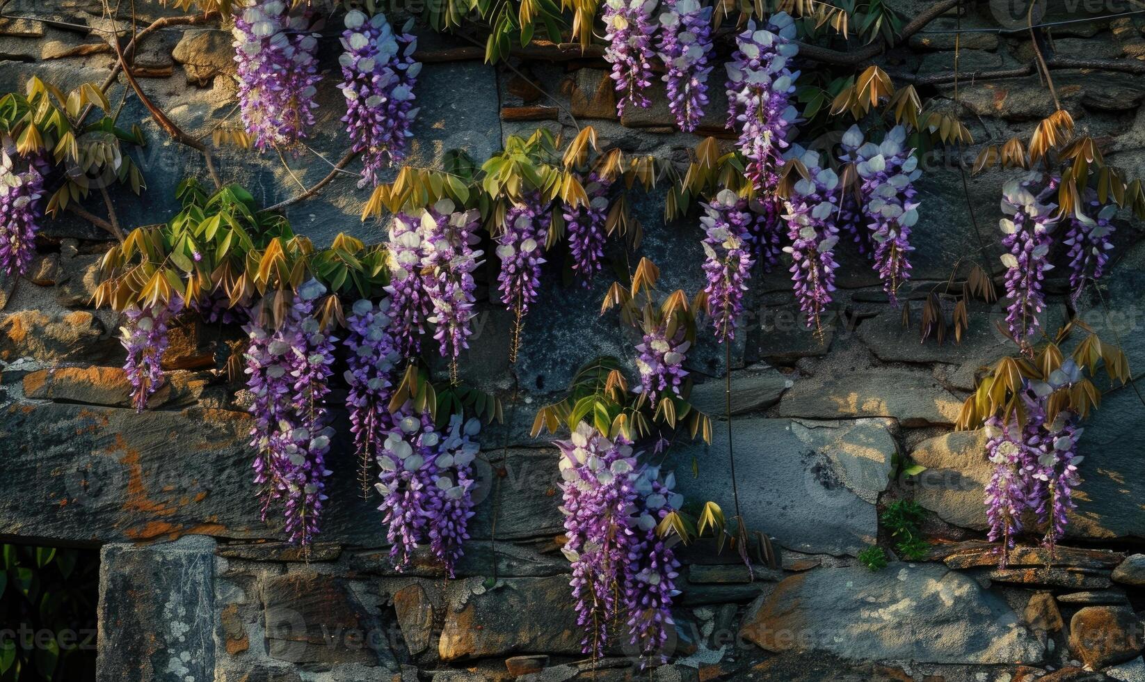 Stone wall draped with wisteria photo