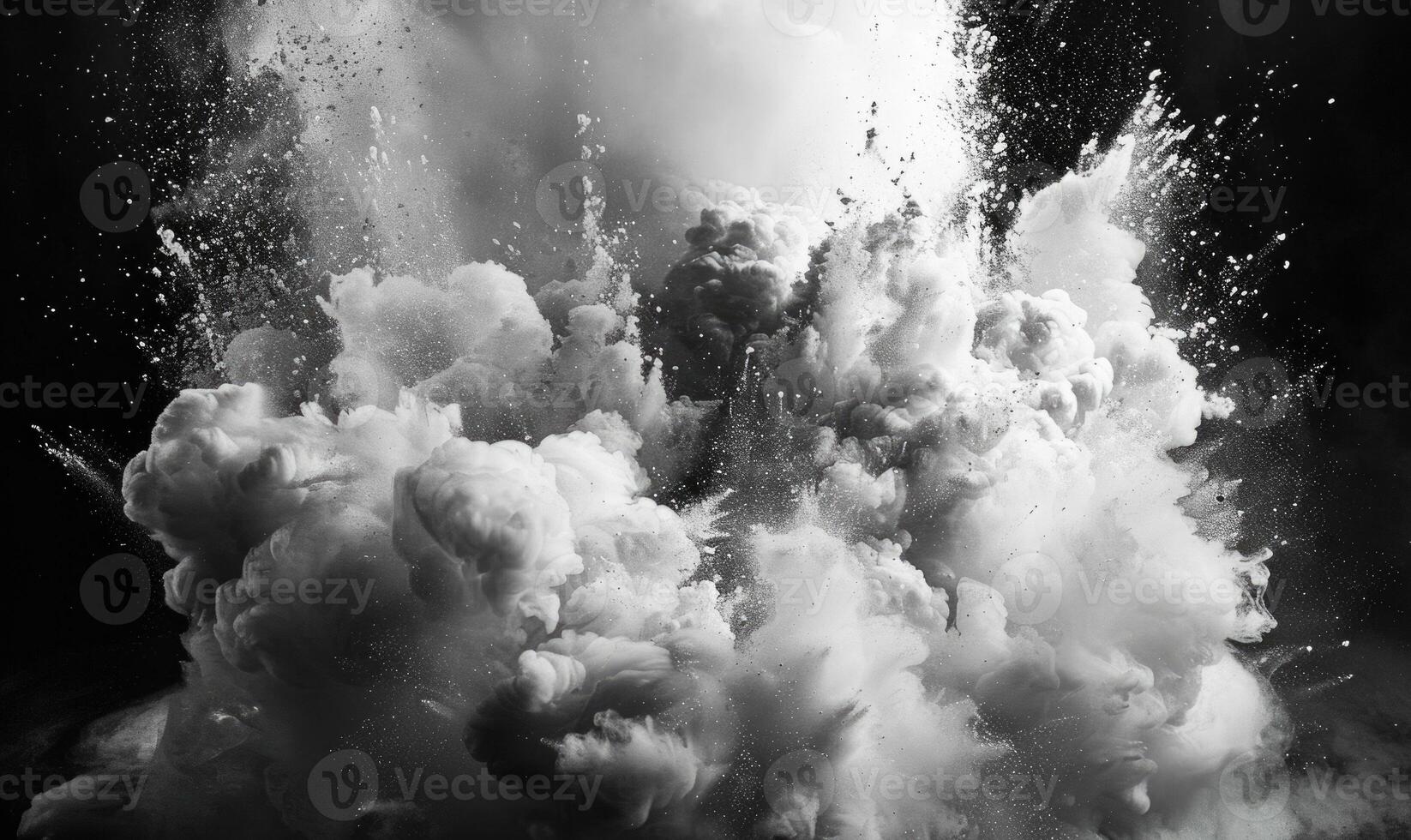 Powder explosion creating a white cloud on black background photo