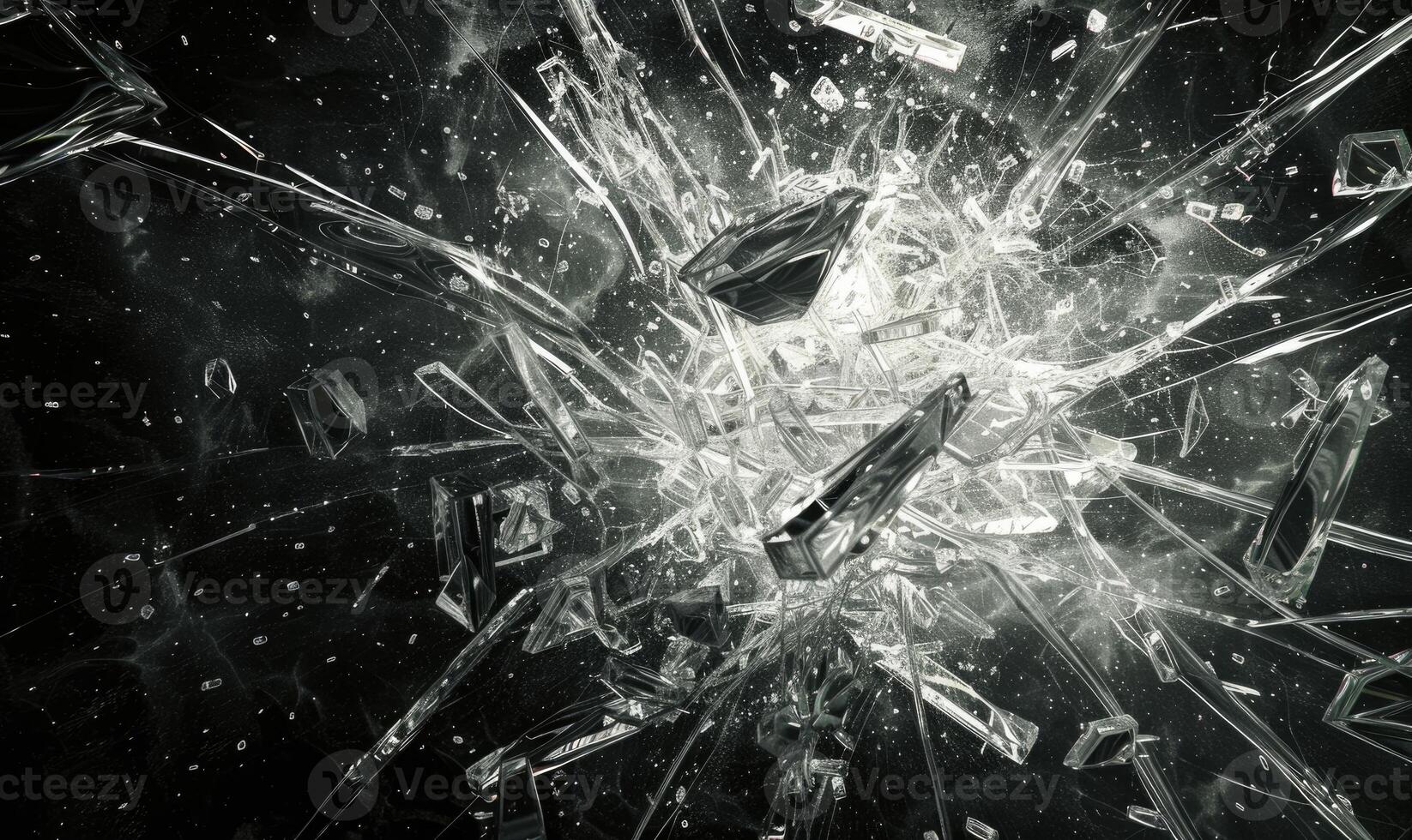 Shattered glass in high speed, glass fragments flying on black background photo