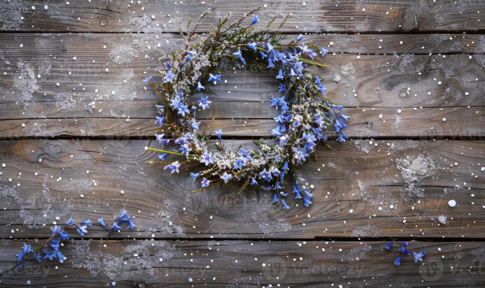 Delicate bluebell wreath on frozen wooden background photo