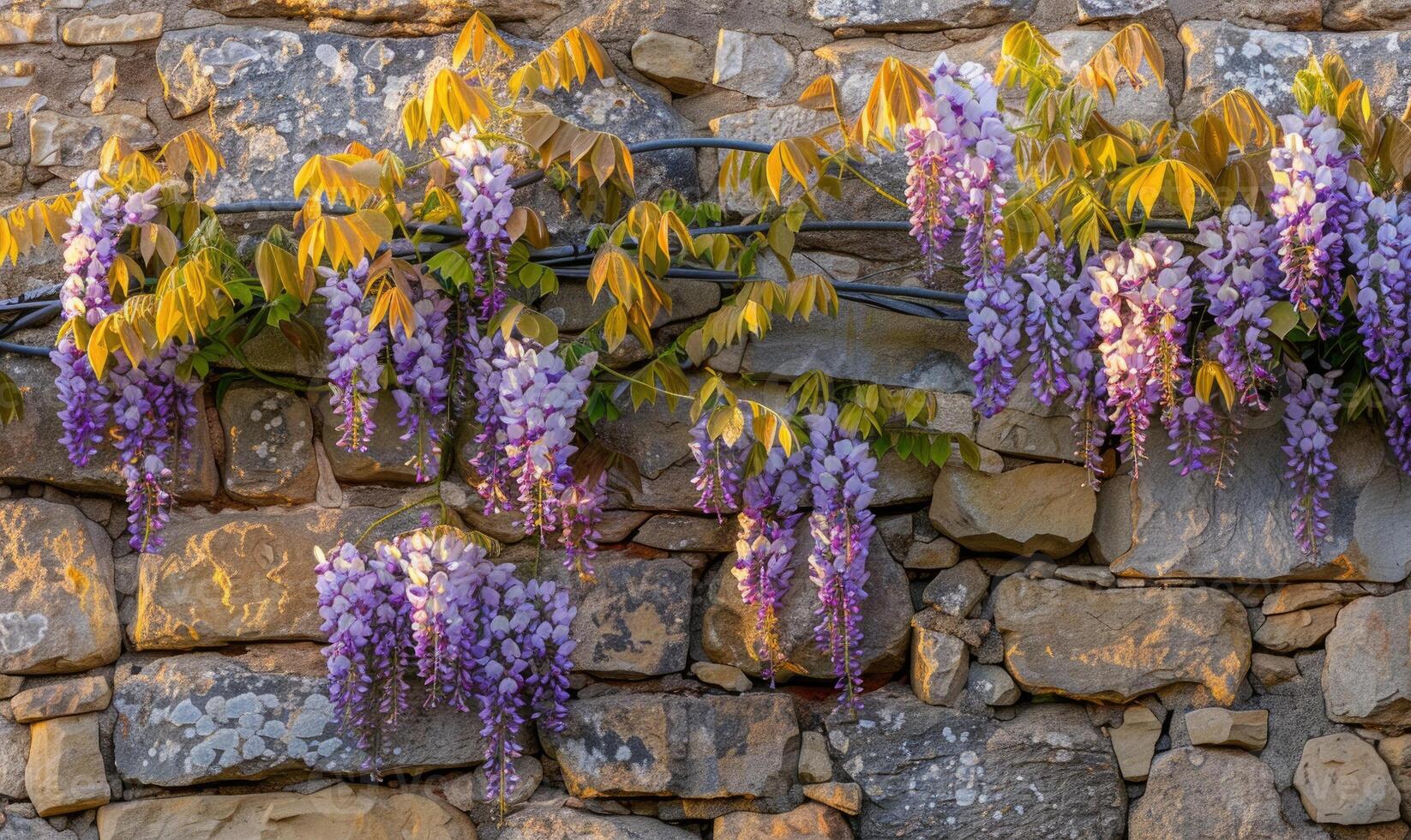 Stone wall draped with wisteria photo
