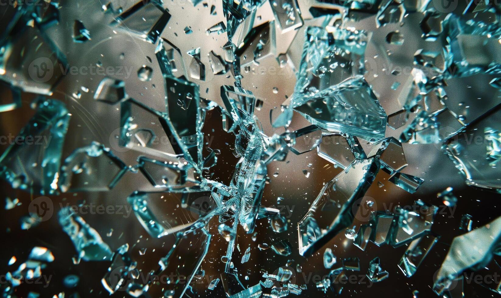 Detailed image of shattered glass, glass fragments on black background closeup photo