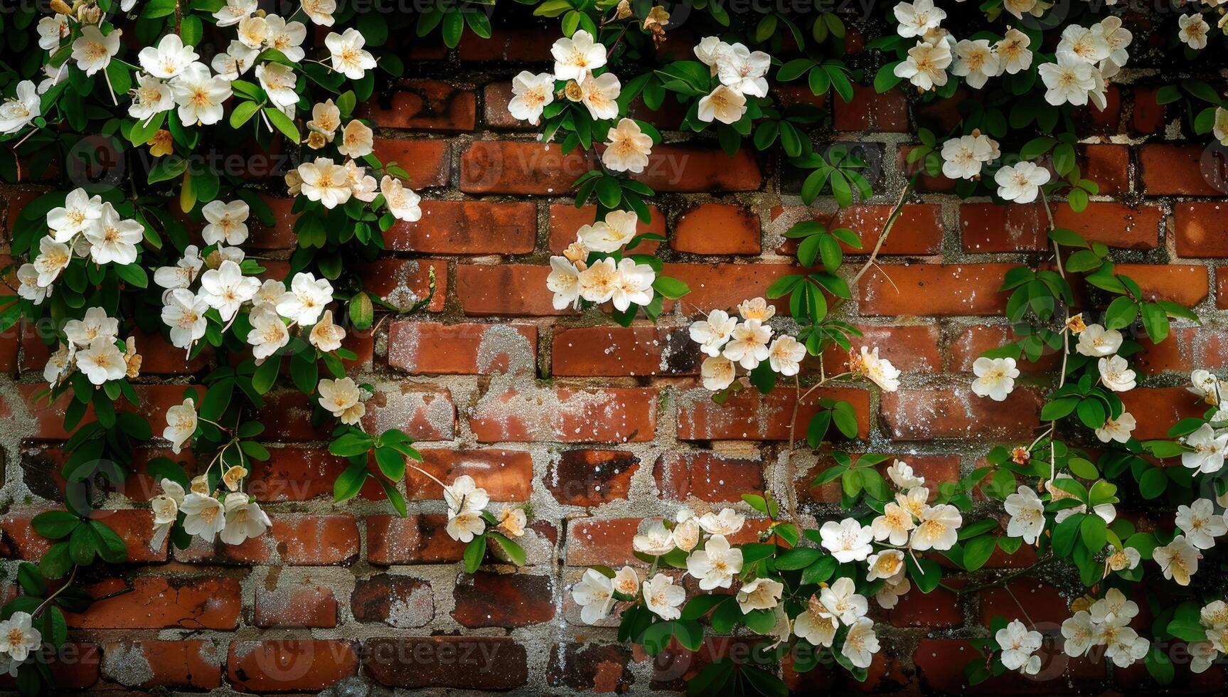 Brick wall adorned with jasmine photo