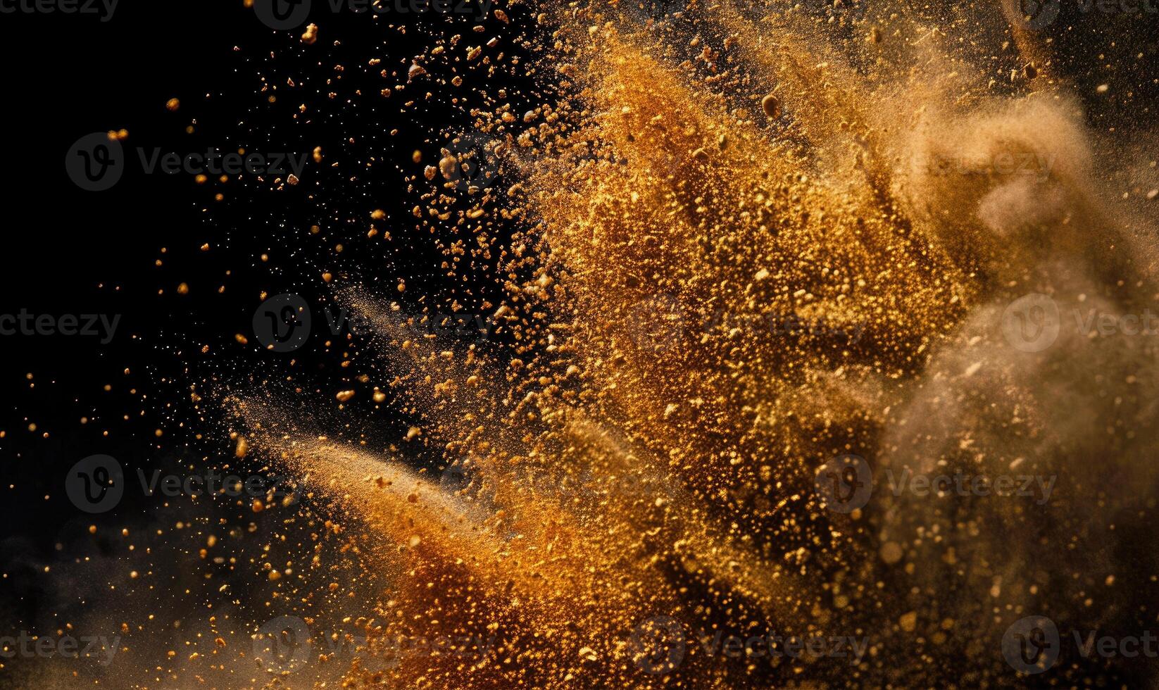 Sand explosion, golden grains dispersing on black background photo