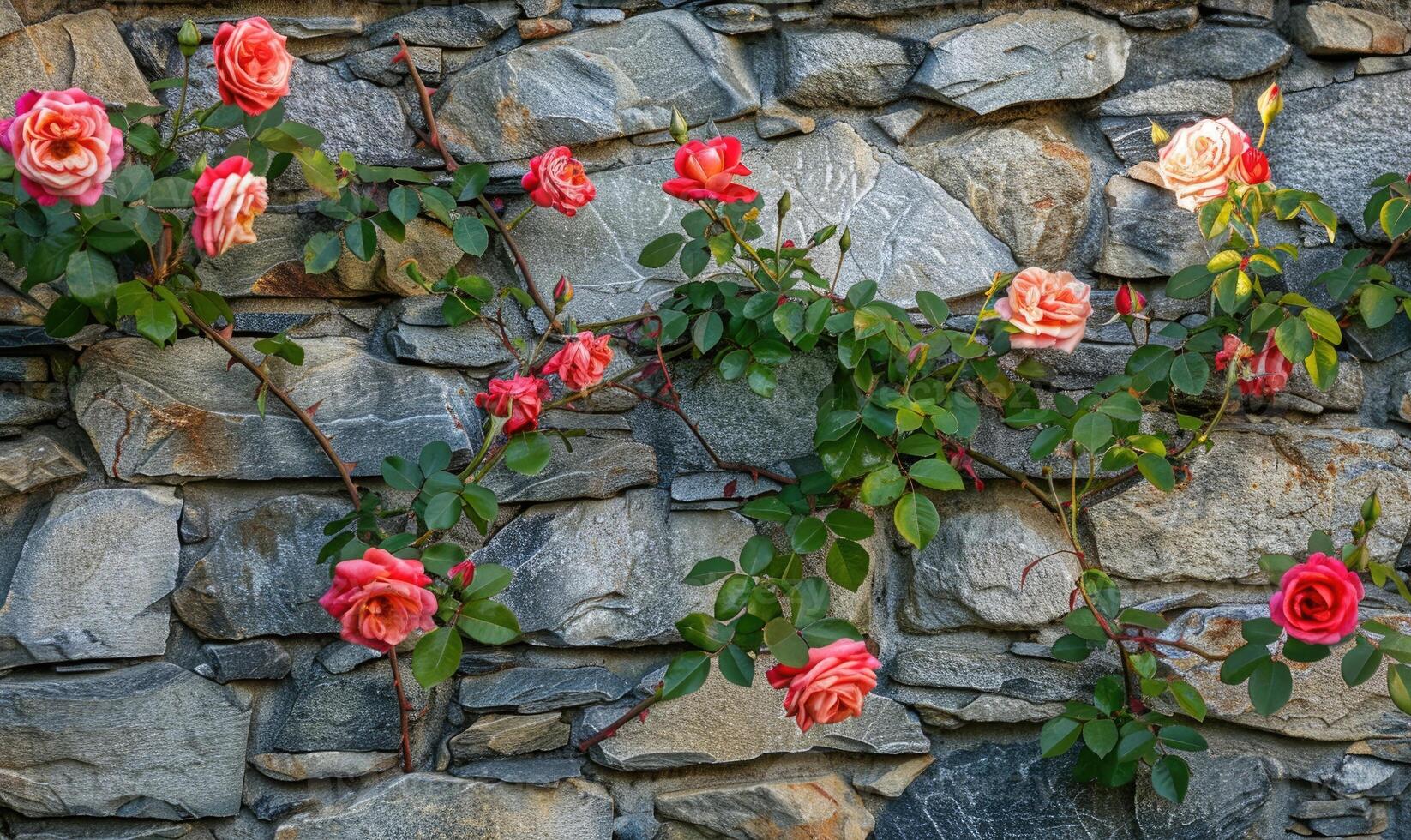Stone wall with climbing roses photo