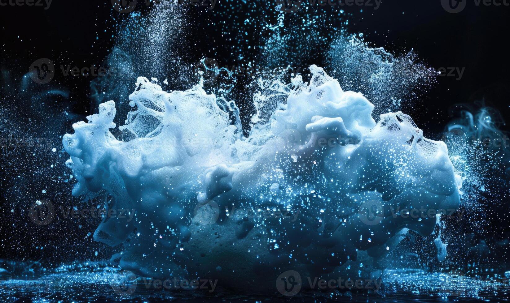 Burst of water explosion, aqua blue splashes and drops on black background photo