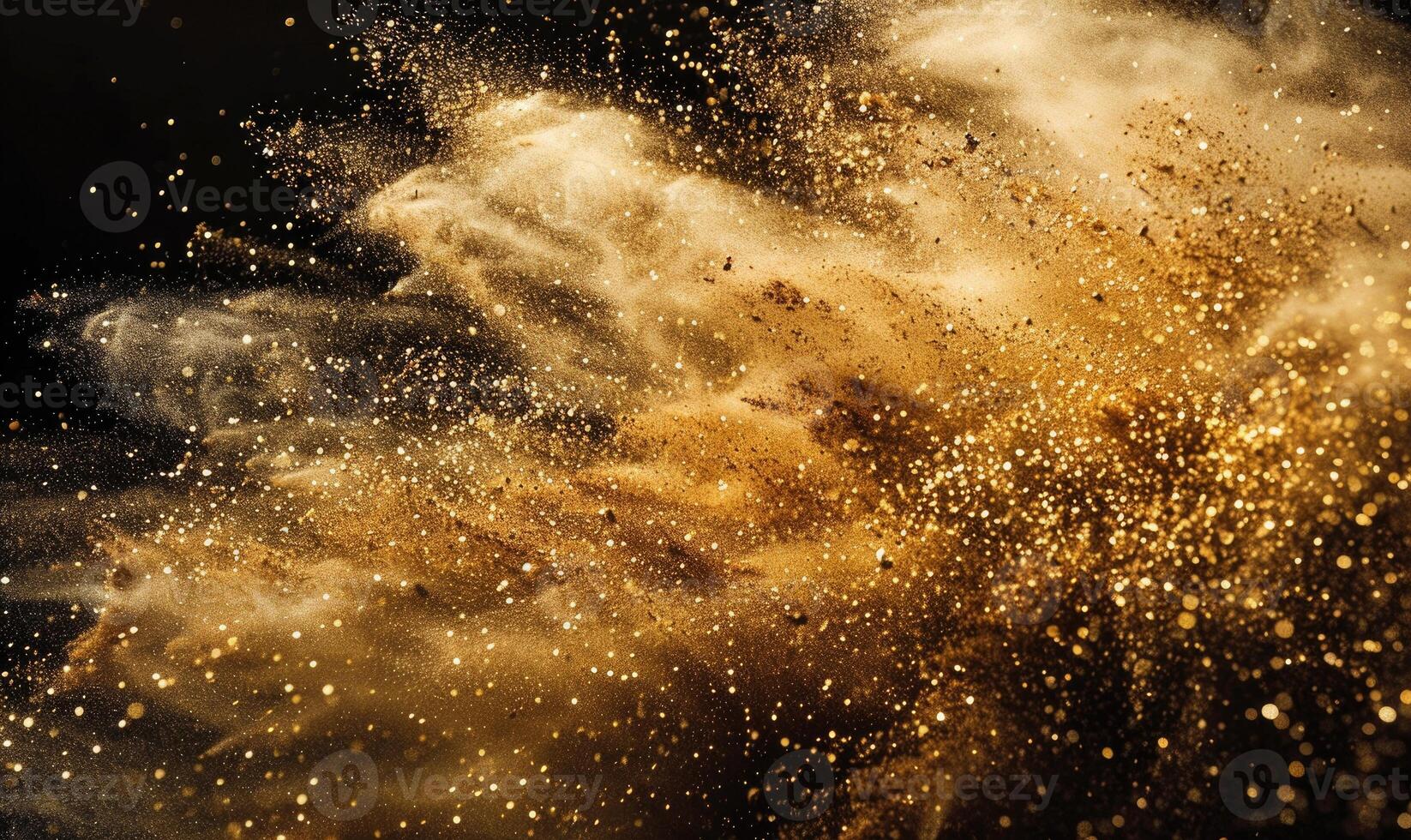 Sand explosion, golden grains dispersing on black background photo