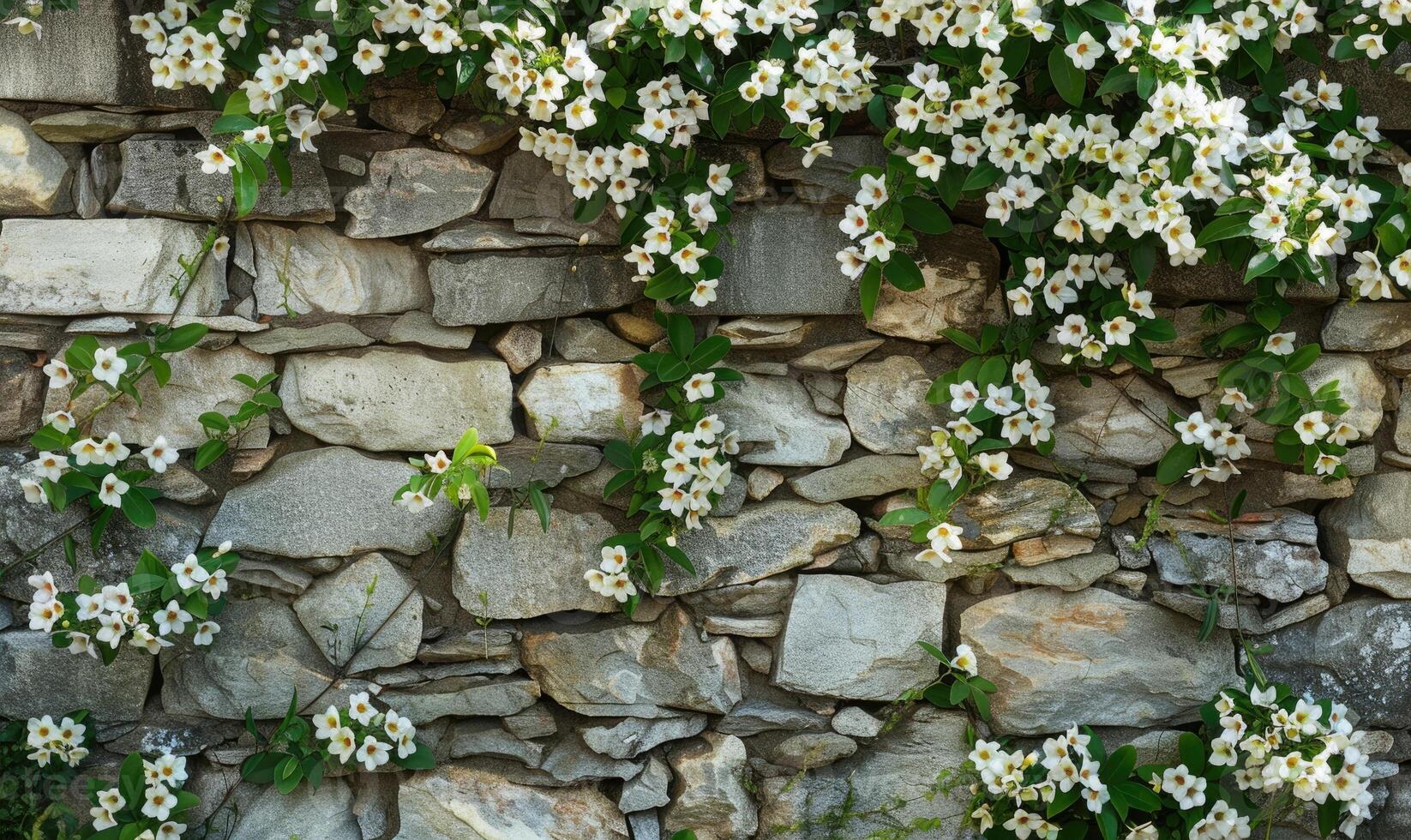 Stone wall draped with jasmine flowers photo