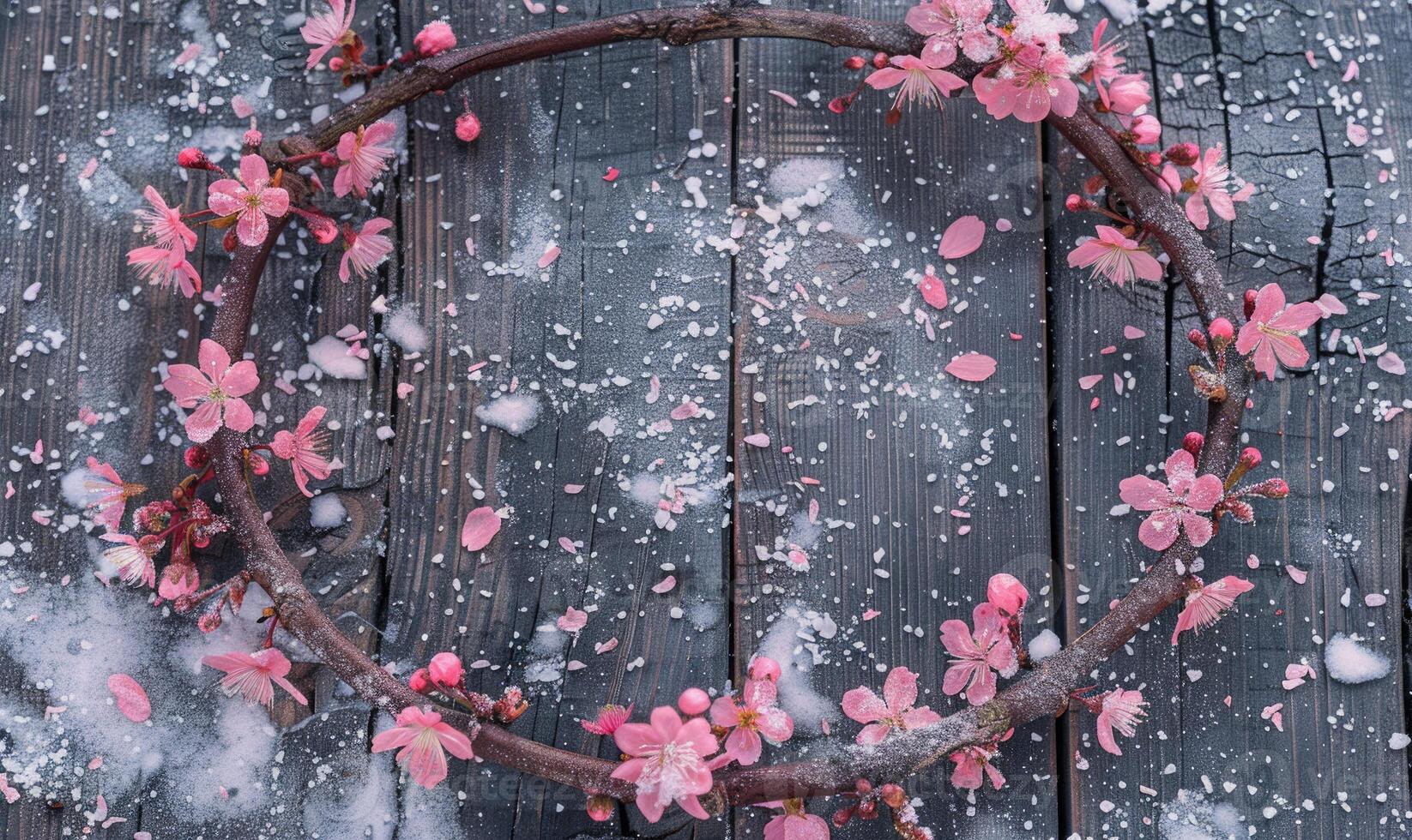 Delicate pink cherry blossom wreath in the snow on wooden background photo