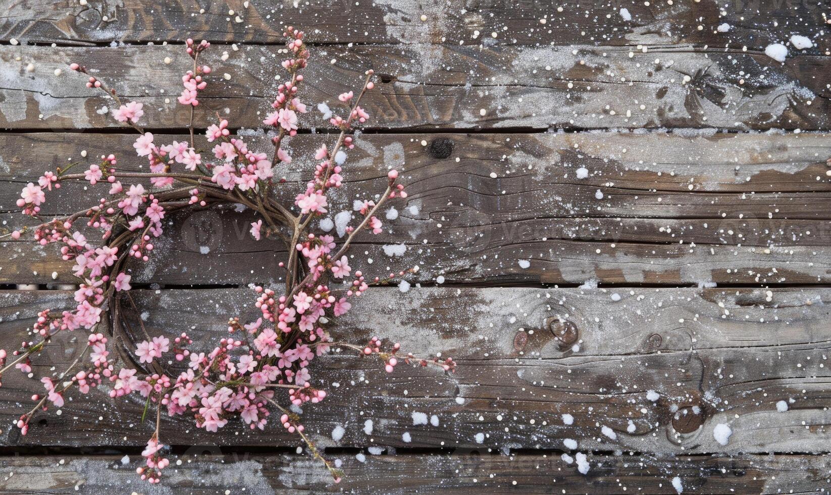 Delicate pink cherry blossom wreath in the snow on wooden background photo
