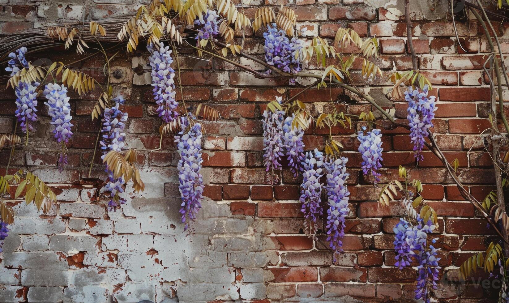 Brick wall adorned with wisteria photo