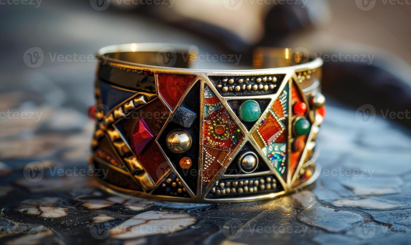 A bold statement cuff bracelet featuring geometric patterns and semi-precious stones photo