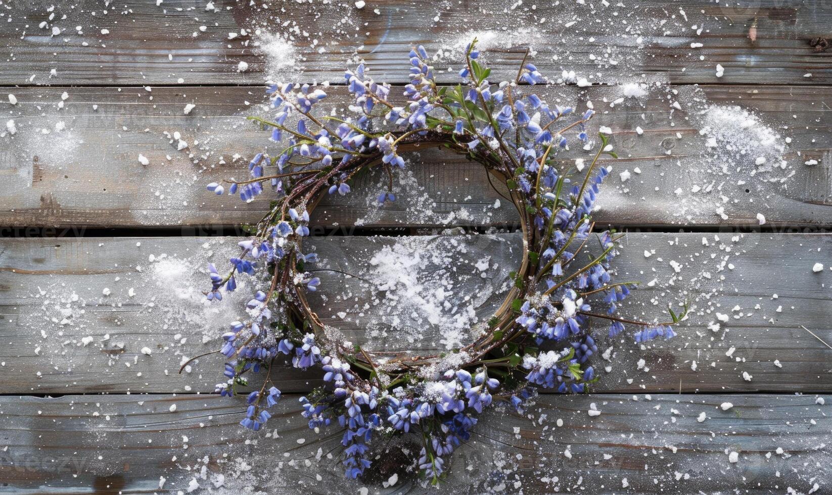 Delicate bluebell wreath on frozen wooden background photo