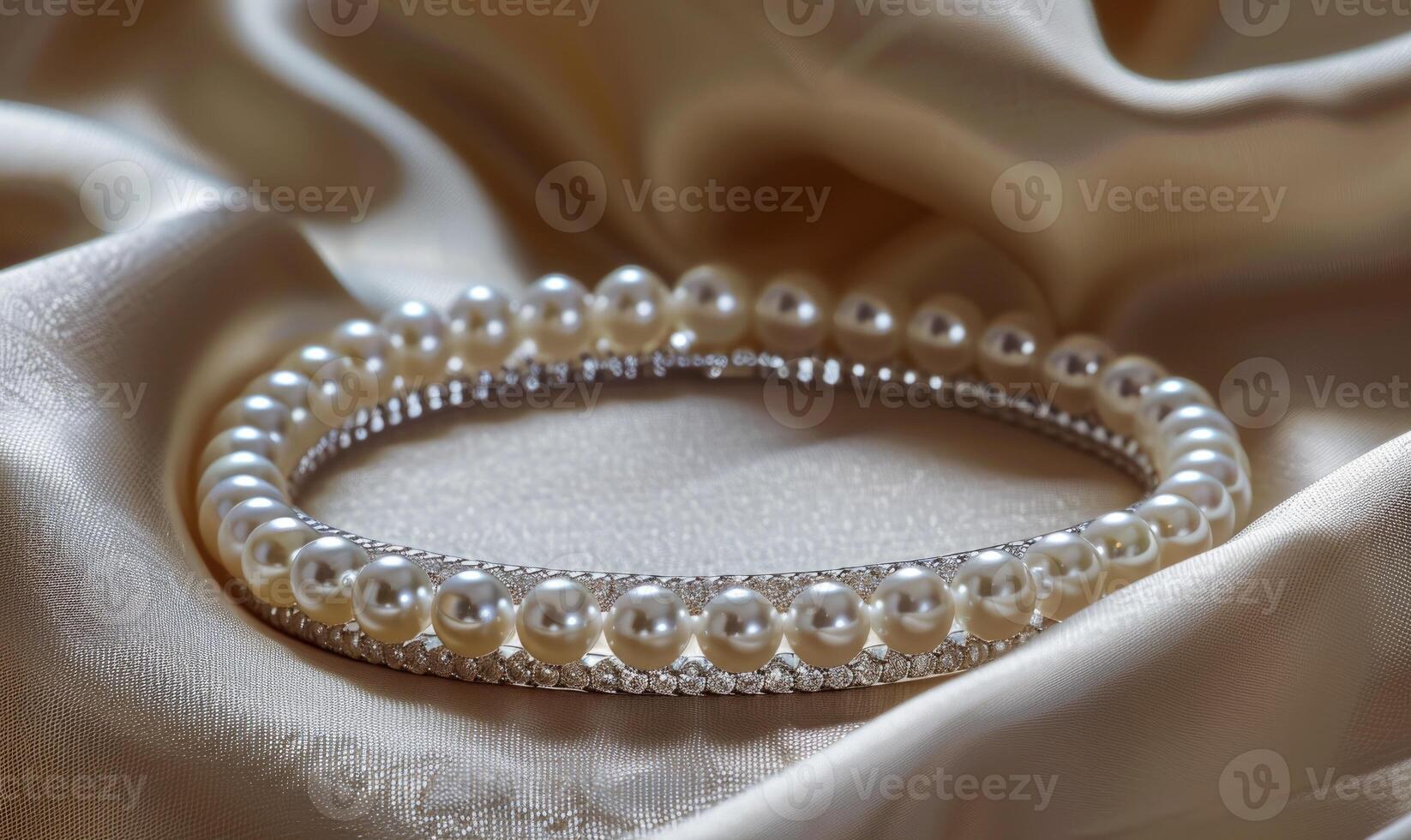 A pearl bangle bracelet with intricate detailing laid out on a smooth satin material background photo