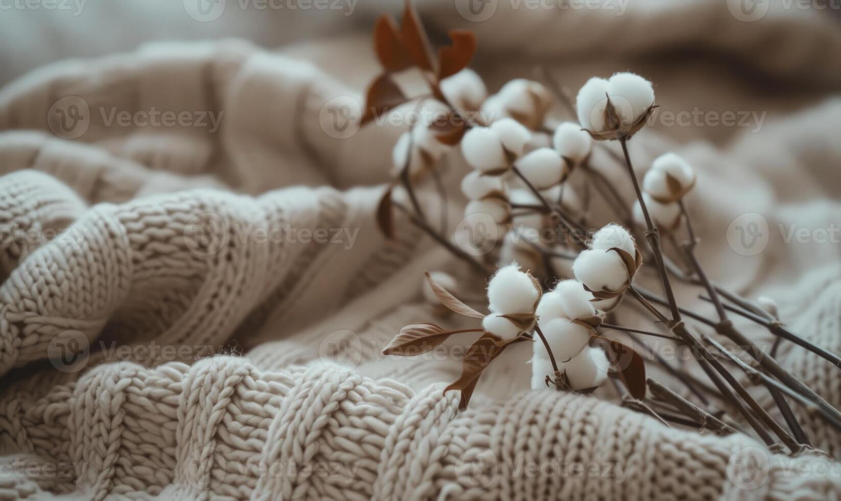cotton branch and soft cotton fabric in a soothing neutral tone photo