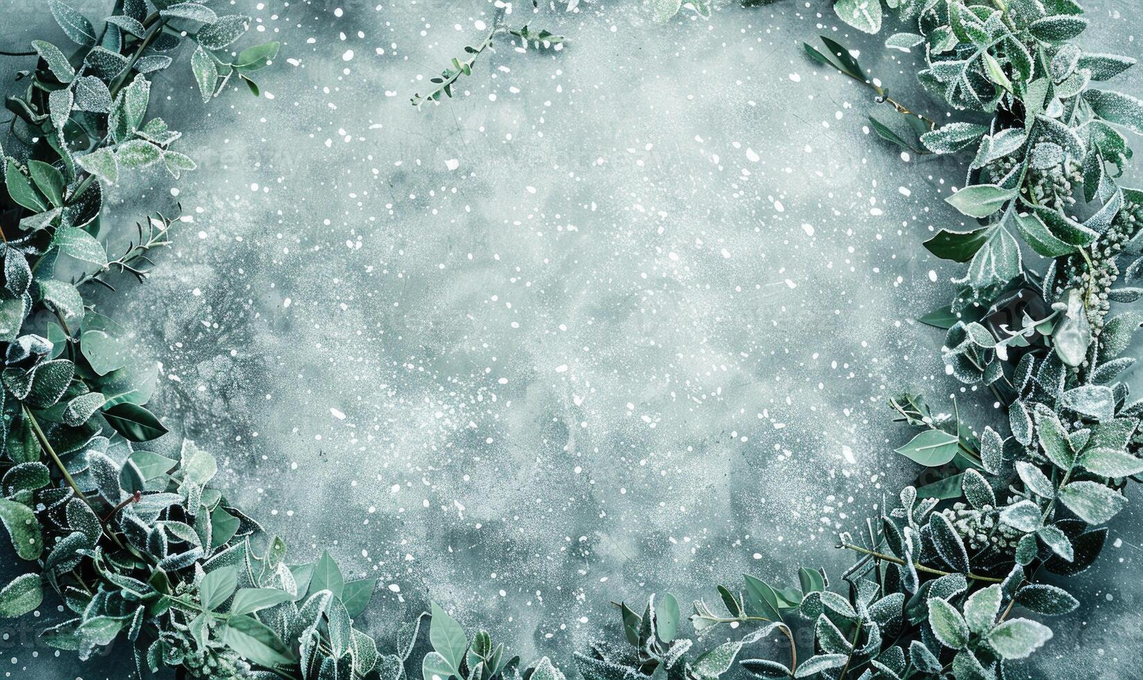 Pastel green foliage wreath on frozen stone background photo