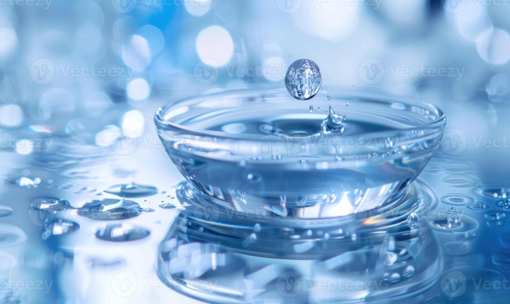 A contact lens being sanitized in a solution against a clean medical background photo