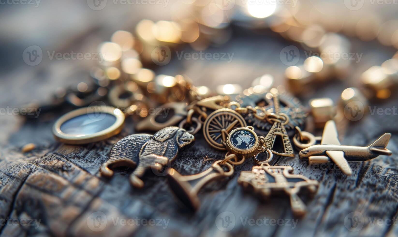 A charm bracelet featuring whimsical charms depicting travel destinations photo