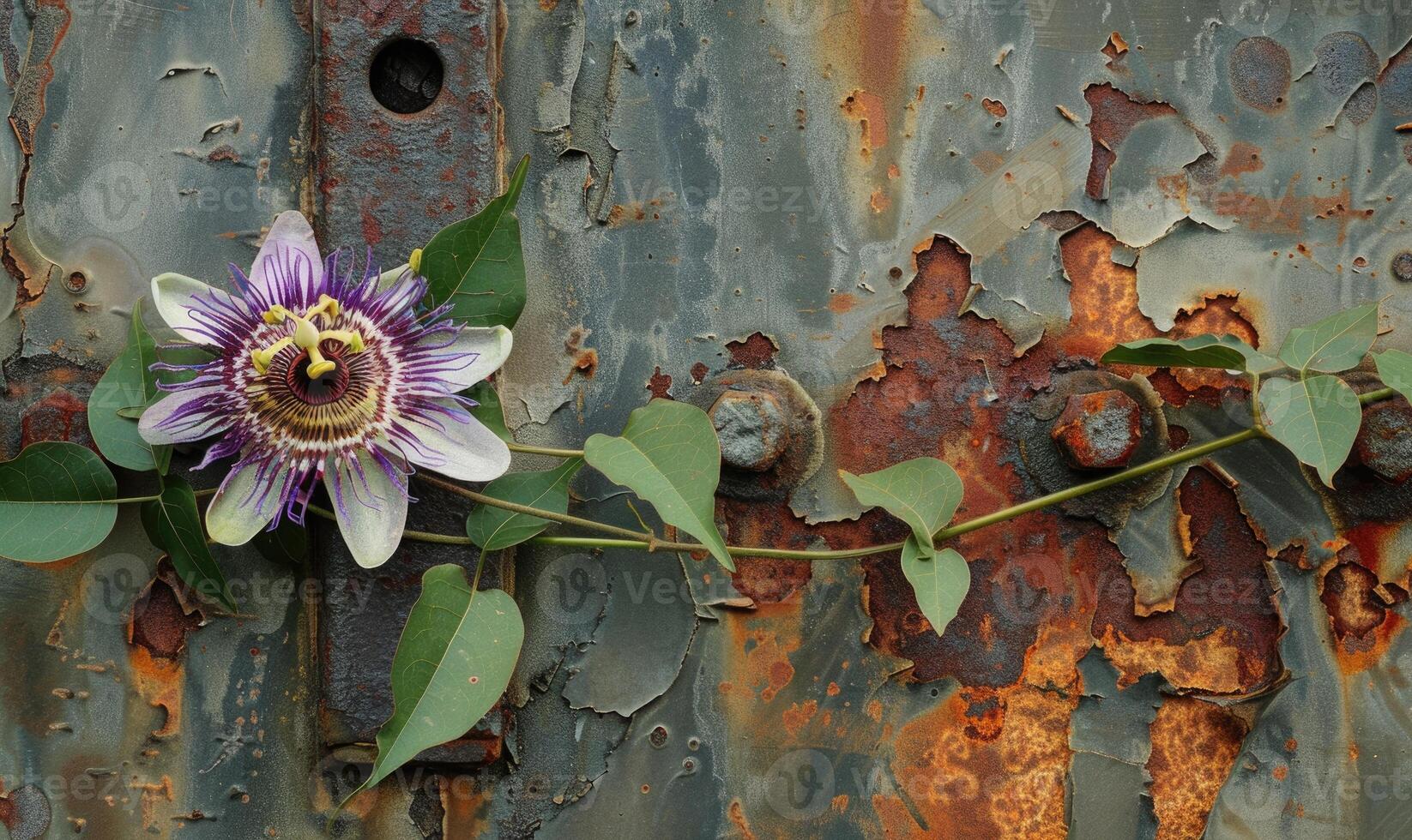 Metal wall with passionflower photo