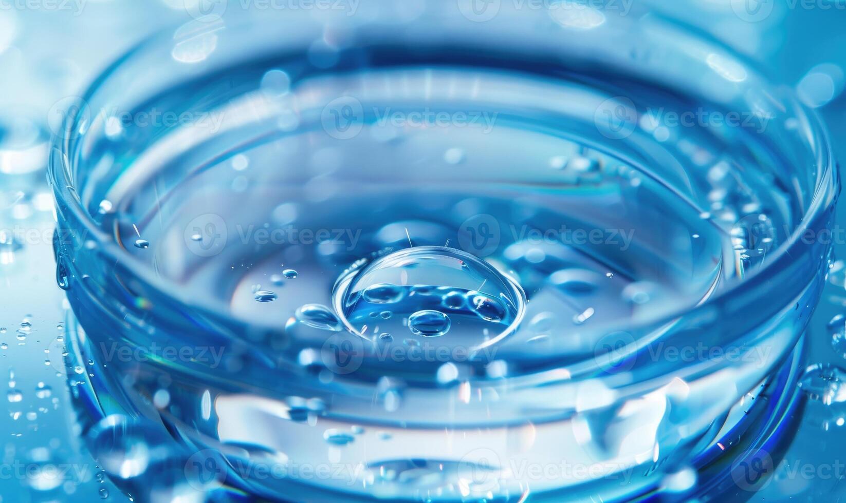 A contact lens being sanitized in a solution against a clean medical background photo